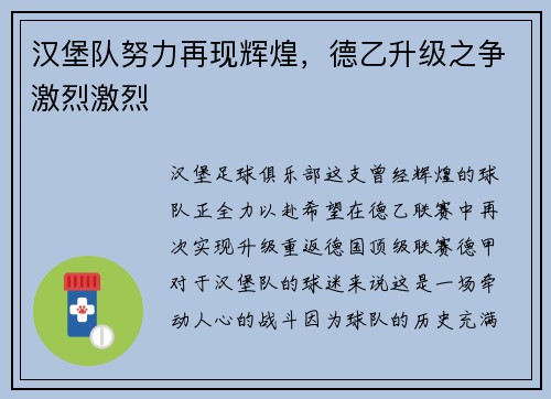 汉堡队努力再现辉煌，德乙升级之争激烈激烈