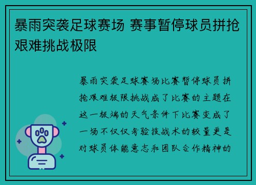 暴雨突袭足球赛场 赛事暂停球员拼抢艰难挑战极限