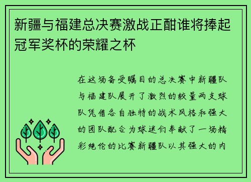 新疆与福建总决赛激战正酣谁将捧起冠军奖杯的荣耀之杯