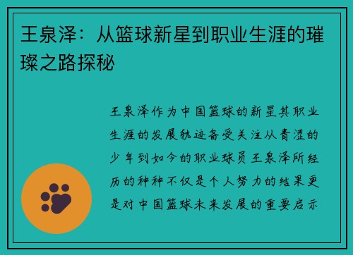 王泉泽：从篮球新星到职业生涯的璀璨之路探秘