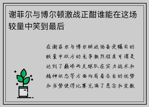 谢菲尔与博尔顿激战正酣谁能在这场较量中笑到最后