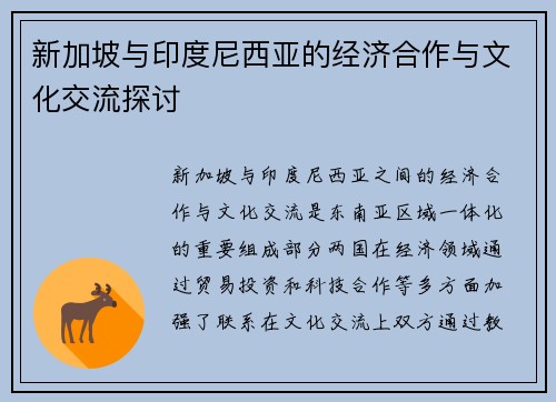 新加坡与印度尼西亚的经济合作与文化交流探讨