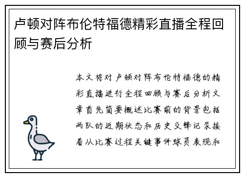 卢顿对阵布伦特福德精彩直播全程回顾与赛后分析