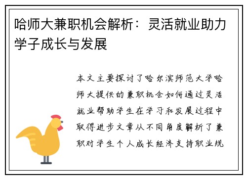 哈师大兼职机会解析：灵活就业助力学子成长与发展