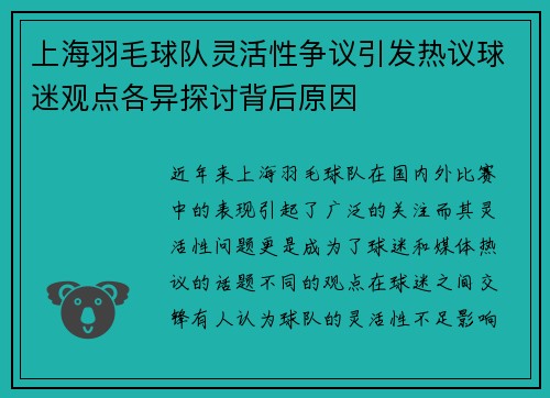 上海羽毛球队灵活性争议引发热议球迷观点各异探讨背后原因